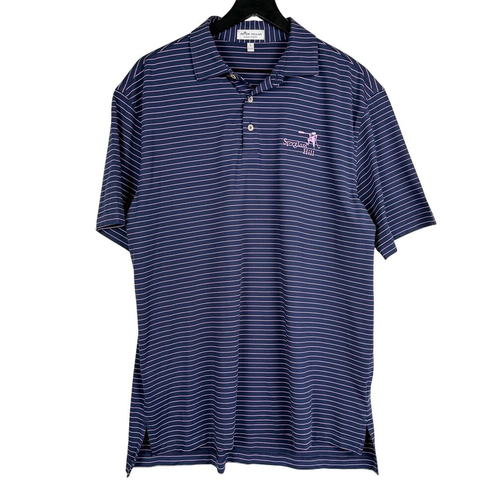 Peter Millar Summer Comfort Spyglass Hill Stripe Golf Polo Shirt Blue Pink - L